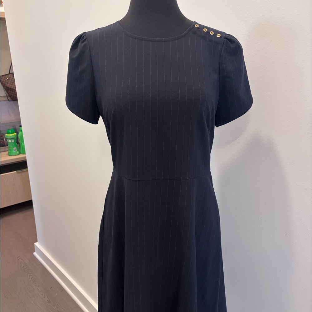 LOFT Navy Blue Midi Dress with Gold Button Detail